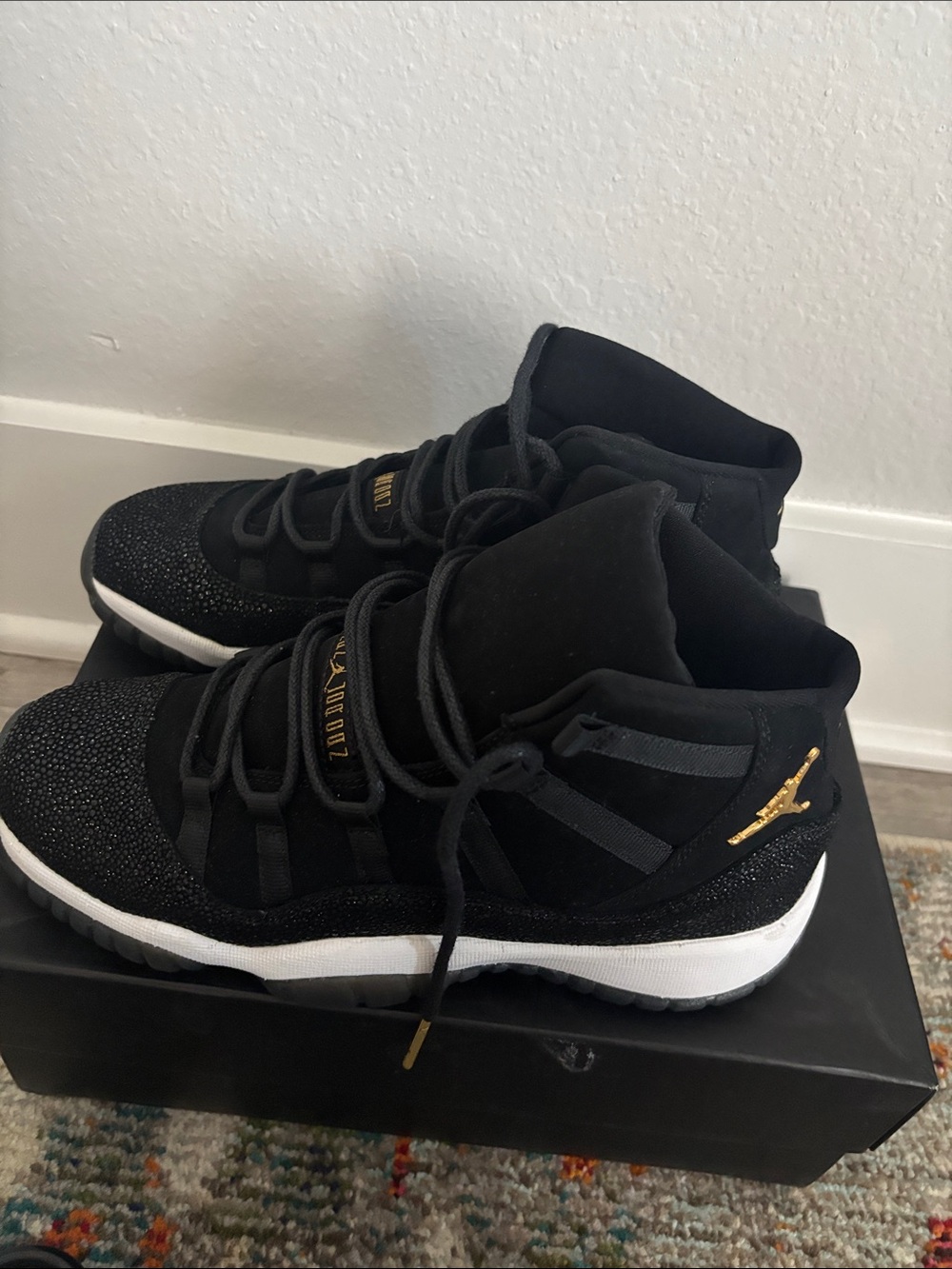 Jordan Women's Black and Gold Sparkle High-Top Sneakers - Picture 2 of 5